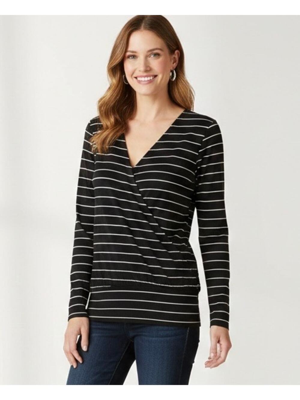 Garnet Hill Blouson Surplice Faux Wrap Blouse Top XL Black Stripe Minimalist
